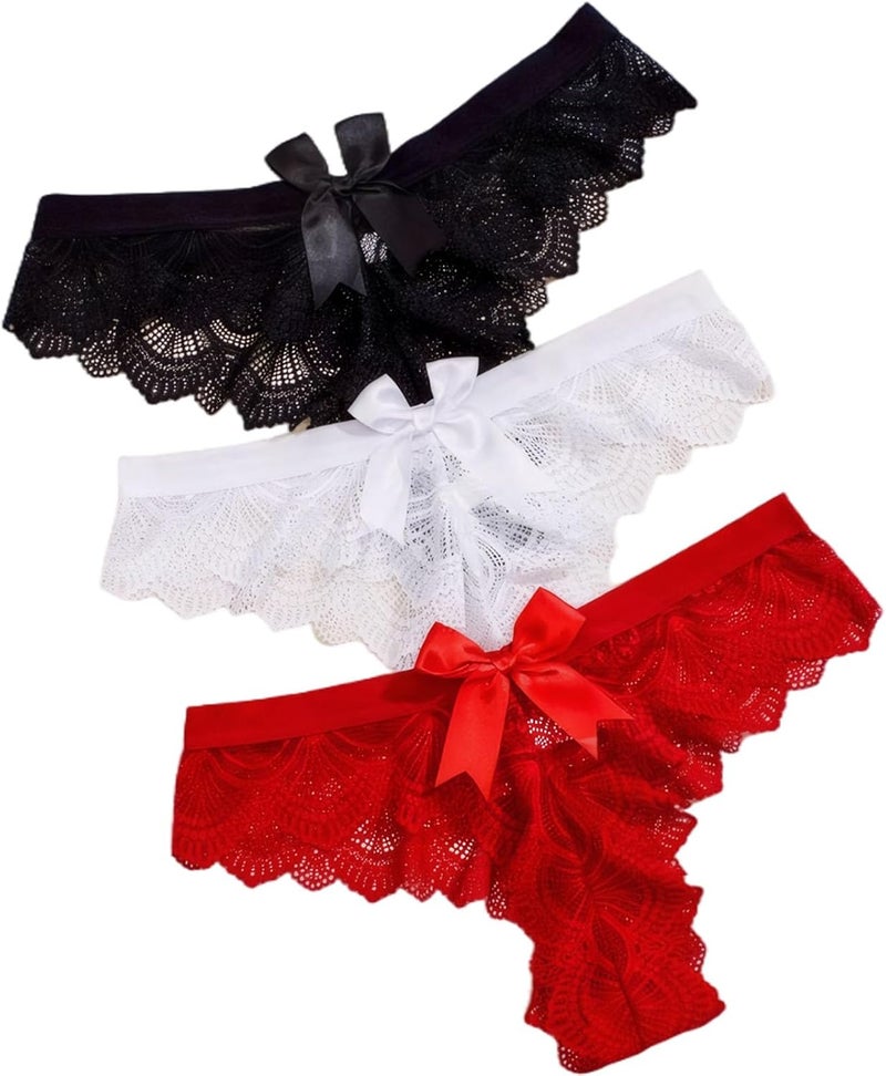 Amazleer 3 PCS Women's Lace Thong Panties with Random Bow Knot Sexy Cheeky Bikini Underwear - Image 1